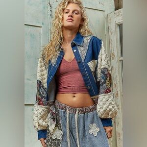 NEW POL Denim Blue Balloon Sleeve Patchwork Jacket Boho Lace Back Size Small